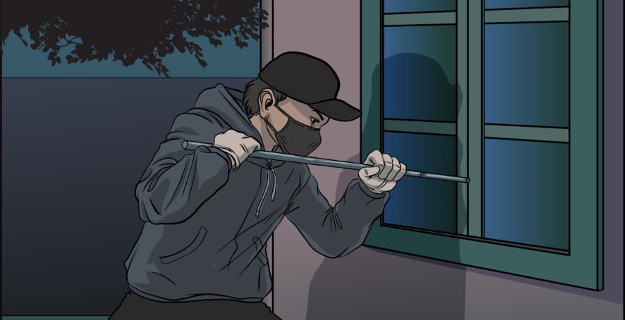 Illustration of burglar forcing entry through a window in Myrtle Beach